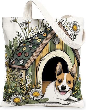 Generic Spring Basenji Dog Canvas Tote Bag for Shopping 13x15, Fun Flower Puppy Kennel Reusable Grocery Print Pattern Bag for Women, Cute Pet Beach Aesthetic 