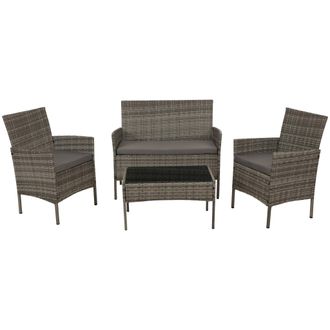 Hhg Nunca Usado] Conjunto De Jard&iacute;n De Polirrat&aacute;n Hhg 069, Grupo De Asientos Conjunto De Sal&oacute;n, Metal Vidrio Tela/textil (180g/m&sup2;), Gris, Cojines Gris Cla