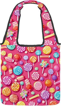 Generic Pink Candy Pattern Reversible Canvas Shoulder Tote - Double-Sided Print, 12oz Cotton, 27cm Drop, Fold-Flat Bag for Travel, Shopping, Street Outings