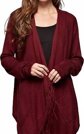 Lovestitch Cashmere Blend Waterfall Fringe 2 Pocket Cardigan In Cabarnet