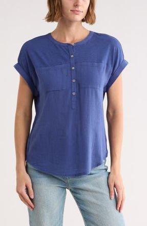 Lucky Brand Mixed Media Short Sleeve Cotton Henley Top in Navy at Nordstrom Rack, Size X-Small
