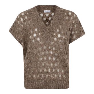 Brunello Cucinelli V-neck Knitwear, female, Beige, XS, Knitted Vest