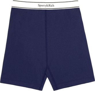 Sporty & Rich Serif logo-waistband shorts - women - Polyester/Spandex/Elastane - L - Blue