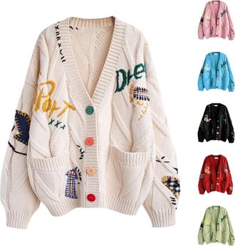 Generic Cardigans for Women Uk, Loose Fit V Neck Button Down Chunky Cable Knit Sweater Cardigan with Pockets, Colourful Embroidery Ladies Knitwear for Autumn 