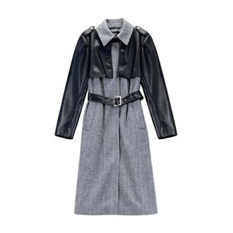 Karl Lagerfeld Tweed & Imitatieleer Jas - Dames - Jas met riem - Grijs - XS - Leer - Jassen
