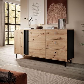 Dmora Aparador Haradali, 3 Cajones, 2 Estantes, Puertas Abatibles, Correderas, 165x40x82h Cm Roble Nudoso Marr&oacute;n