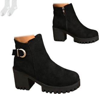 Generic Womens Ankle Boots with Block Heel, Platform Ankle Boots with Buckle, Side Zipper, Suede Look, Fashionable Short Boots for Everyday Wear, Leisure And 