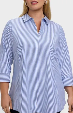 Foxcroft Cici Stripe Cotton Tunic Blouse in Powder Blue/white at Nordstrom, Size 20W