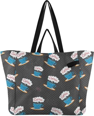 Generic Coffee Black pattern Reusable Canvas Tote Bag, Heavy Duty Grocery Shopping Bag with Hard Bottom Double Handles Large Capacity Work Groceries Travel