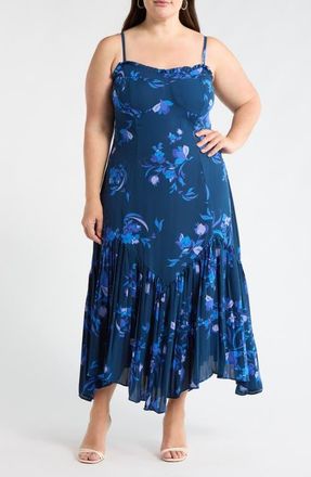 Sugarlips Niva Floral Hendra Pleated Midi Dress in Navy-Blues at Nordstrom, Size 3X