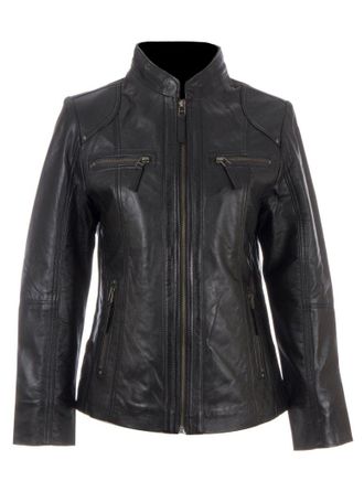 Aviatrix Womens Super Soft Real Leather Band Collar Biker Jacket (OBFQ) 2XL Black