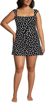 Lands End Chlorine Resistant Square Neck Ruched Swim Dress One Piece Swimsuit in Black/egret White Tossed Dots at Nordstrom, Size 20W
