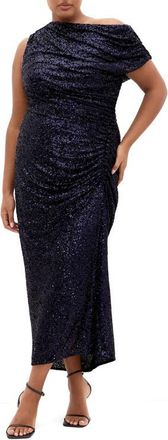 City Chic Sequin Star One-Shoulder Maxi Gown in Navy Shine at Nordstrom, Size 14W