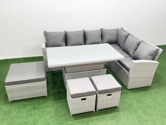 Fimous 9 Seat Rattan Garden Furniture Corner Sofa Set with Armchair 3 Stools in Light Grey
