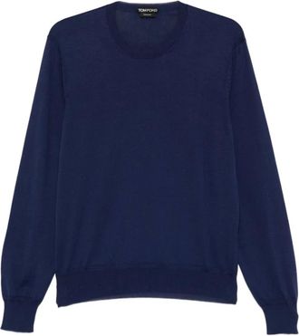 Tom Ford Round-neck Knitwear, male, Blue, Size: 2XL Tom Ford Sweaters