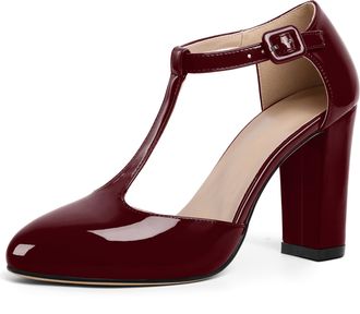 EDEFS Womens Burgundy Patent Mary Jane Heels with T Strap 3.5 Inch Block Heel Court Shoes Closed Toe Dress Heels for Party Wedding and Work UK2