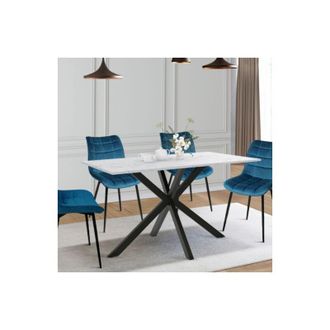 IDMarket Alaska Mesa de comedor rectangular para 4-6 personas con efecto mármol blanco y pata de araña de metal 110 cm