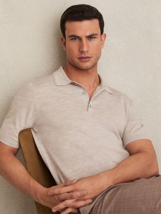 Reiss Wicker Brown Melange Wool Short-sleeve Polo Shirt, XS