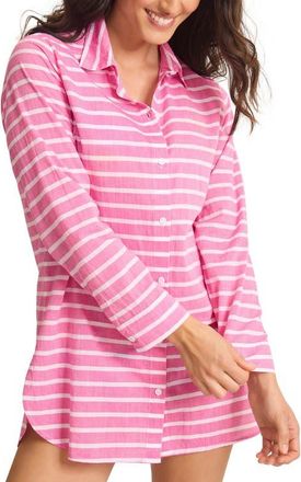 Tommy Bahama Coastline Stripe Long Sleeve Cover-Up Boyfriend Shirt in Pink Orchid at Nordstrom, Size X-Small