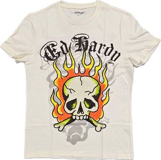 Ed Hardy Mens Flame Skull Rhinestone Short Sleeve Tee In Ivory