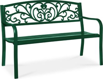 Best Choice Products Outdoor Steel Bench Garden Patio Porch Furniture w/ Floral Design Backrest, Slatted Seat