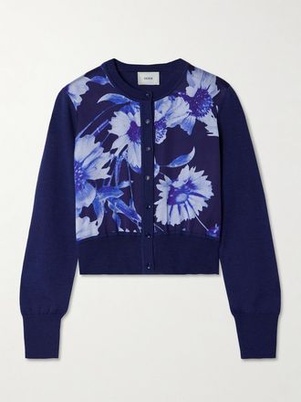 Erdem Cardigan In Lana Merino E Raso Floreale - Blu