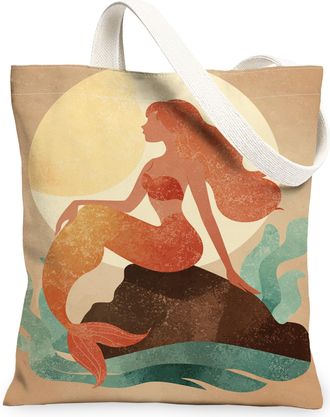 Generic Mermaid Canvas Tote Bags, Ocean Art Design Reusable Grocery Bags, Summer Vintage Lightweight Washable Shoulder Strap Canvas, Multicolor, 13x15 Inch