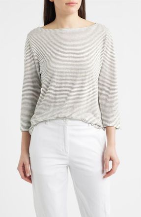 Eileen Fisher Stripe Bateau Neck Organic Linen Top in Bay Leaf at Nordstrom, Size X-Large
