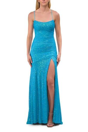 La Femme Lace Up Back Sequin Gown with Flare Skirt in Aqua at Nordstrom, Size 00