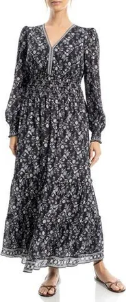 Max Studio Long Sleeve Tiered Maxi Dress in Black Mono Shaded Paisley at Nordstrom Rack, Size X-Small