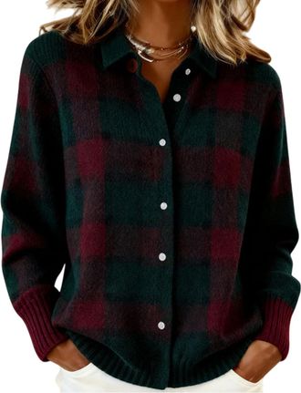 Generic Womens Plaid Print Casual Cotton Buttoned Cardigan Sweater, Plaid Knitted Cropped Cardigan Sweater 2026 (H,L)