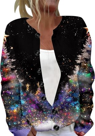 Generic Christmas Womens Cardigans Funny Tree Print Cardigan Sweaters for Fall Button Down Casual Knit Coats Vintage Cable-Knit Sweater Classic Basic Plus Siz
