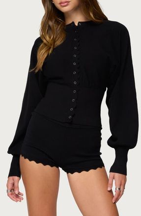 Edikted Maizy Puff Sleeve Scallop Detail Cardigan in Black at Nordstrom, Size X-Small