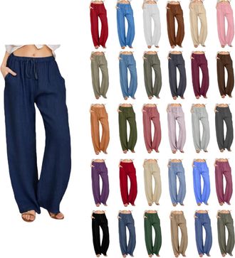 Generic Linen Trousers Womens Wide Leg Trousers for Women UK Drawstring Elastic Waist Trouser Solid Color Plus Size Summer Cotton Linen Pants Lightweight Loos