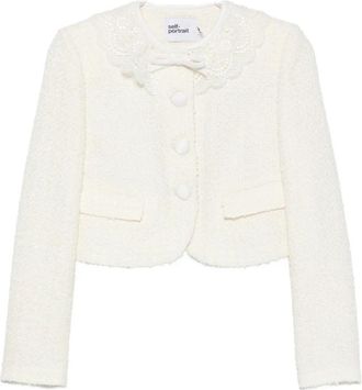 Self Portrait Boucl&eacute; Jas met Kanten Kraag - Dames - Blazers - Wit - XS - Jassen