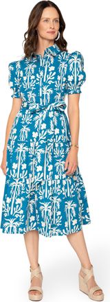 Leota Octavia Puff Sleeve Shirt Dress Palm Fields Mykonos Blue