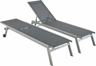 Sweeek Set of 2 multi-position aluminium sun loungers with wheels, Elsa, Grey, 191x55x94 cm
