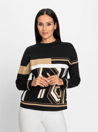 Heine Langarmshirt HEINE Druck-Shirt, Damen, Gr. 34, gelb (schwarz, camel, bedruckt), 95% Baumwolle, 5% Elasthan, gemustert, mehrfarbig, Shirts Langarmshirt