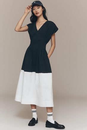 Exquise Pleated Short-Sleeve Twofer Midi Dress