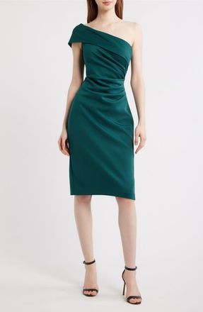 Eliza J Ruched One-Shoulder Satin Cocktail Dress in Pine at Nordstrom, Size 10
