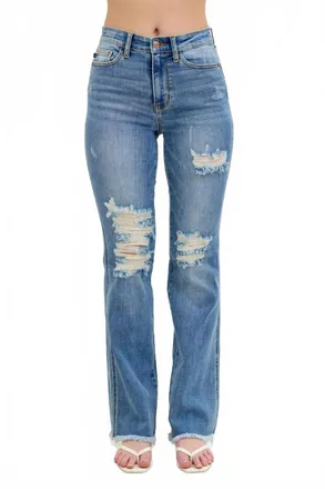 Judy Blue High Waist Destroy Fray Hem Bootcut Denim Jean In Medium Wash