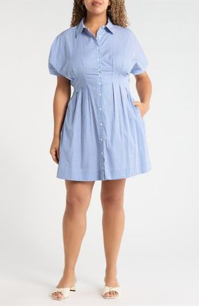 Sugarlips Pleated Dolman Sleeve Cotton Minidress in Blue-White at Nordstrom, Size 3X