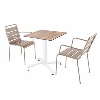 Oviala Mesa de jard&iacute;n en laminado de roble oscuro y 2 sillones topo