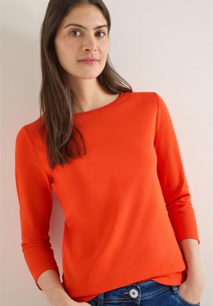 Cecil 3/4-Arm-Shirt CECIL Basic Boatneck, Damen, Gr. L (42), cherry tomato orange, Jersey, Obermaterial: 100% Baumwolle, Basic h&uuml;ftlang, U-Boot-Ausschnitt, 