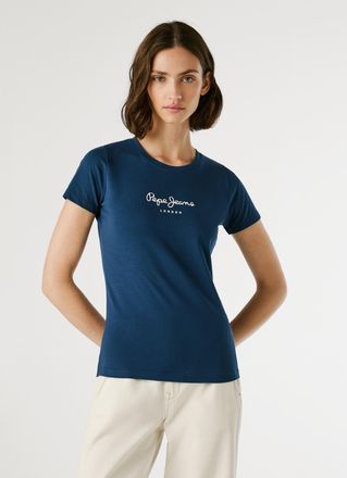 Pepe Jeans London T-Shirt PEPE JEANS NEW VIRGINIA, Damen, Gr. S (36), blau (navy 595), Single Jersey, Obermaterial: 95% Baumwolle, 5% Elasthan, bedruckt, figurumspielen