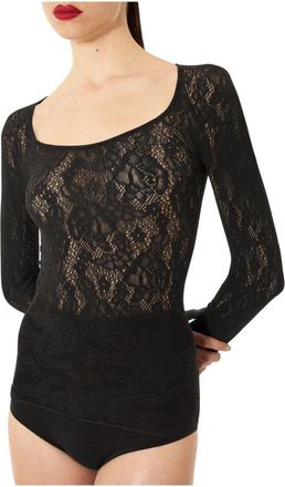 Wolford Top met grafische rozenprint en ronde hals - Dames - Longsleeves - Zwart - M - Wol - Tops