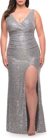 La Femme Stretch Sequin Plus Size Gown with Slit and V Neck in Silver at Nordstrom, Size 18W