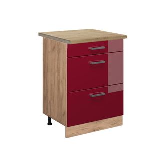 Vicco Mueble Bajo De Cocina R-line, Rojo Burdeos Alto Brillo, 60 Cm Con Cajones, Et Roble Vicco