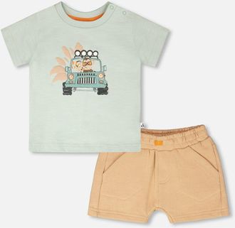 Deux par Deux Organic Cotton Monkey Short Sleeve T-Shirt and Short Set in Mint Green And Beige at Nordstrom, Size 18M
