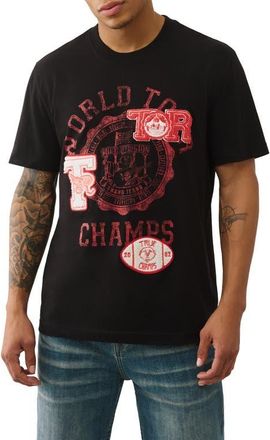 True Religion World Tour Champs Boucl&eacute; Patch Cotton Graphic T-Shirt in Jet Black at Nordstrom, Size Xxx-Large